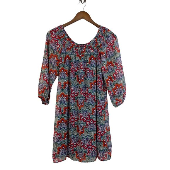 My Michelle 3/4 Sleeve Multi Floral Smocked Popover Layered Sheer Midi Dress - Picture 1 of 6